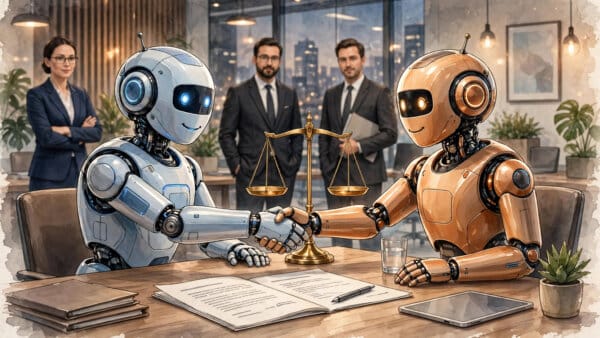 Two AI agents shaking hands over a negotiation table as Anthropic develops fair bargaining norms