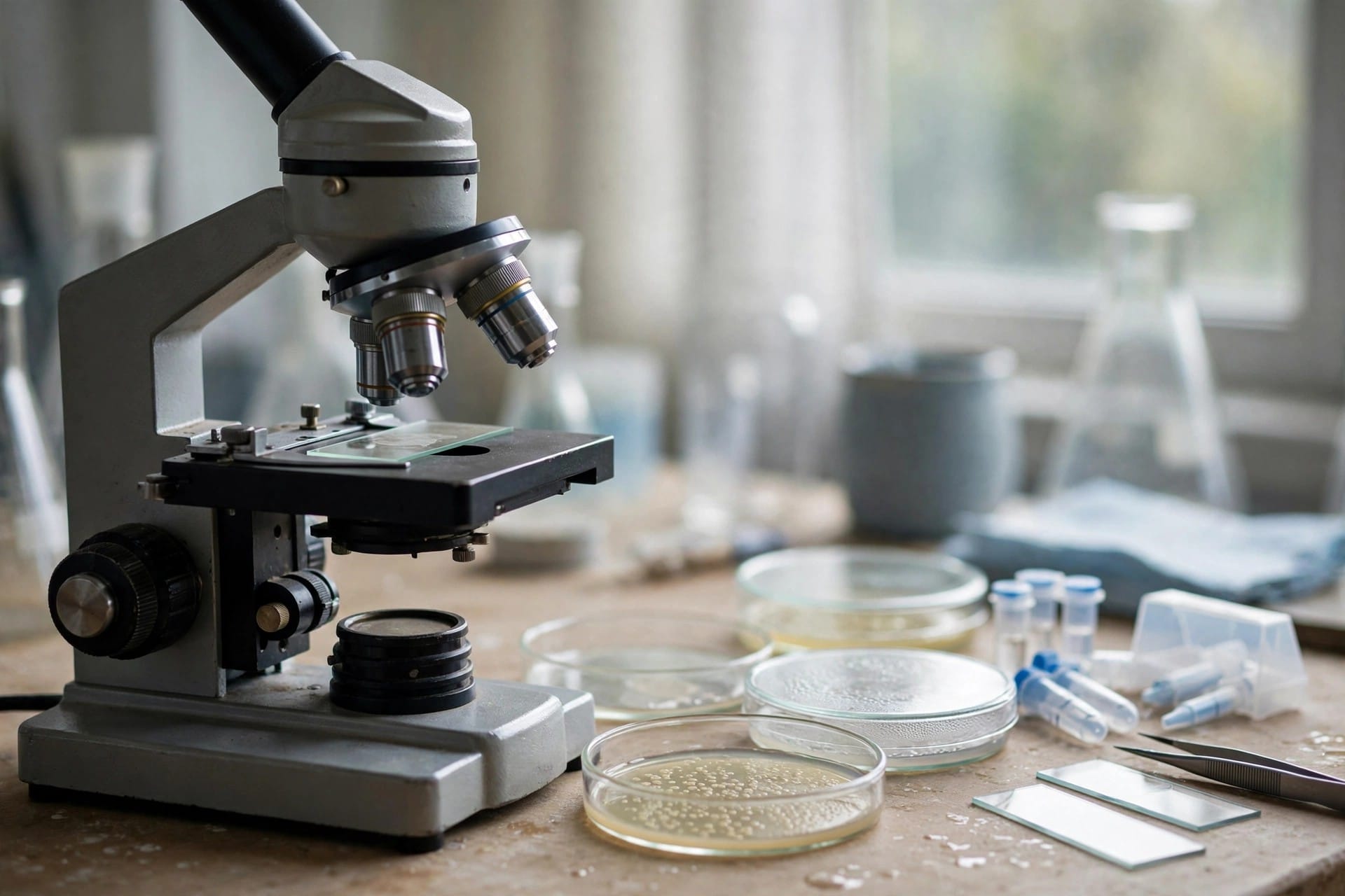 Microscopes and laboratory samples on a bench in daylight