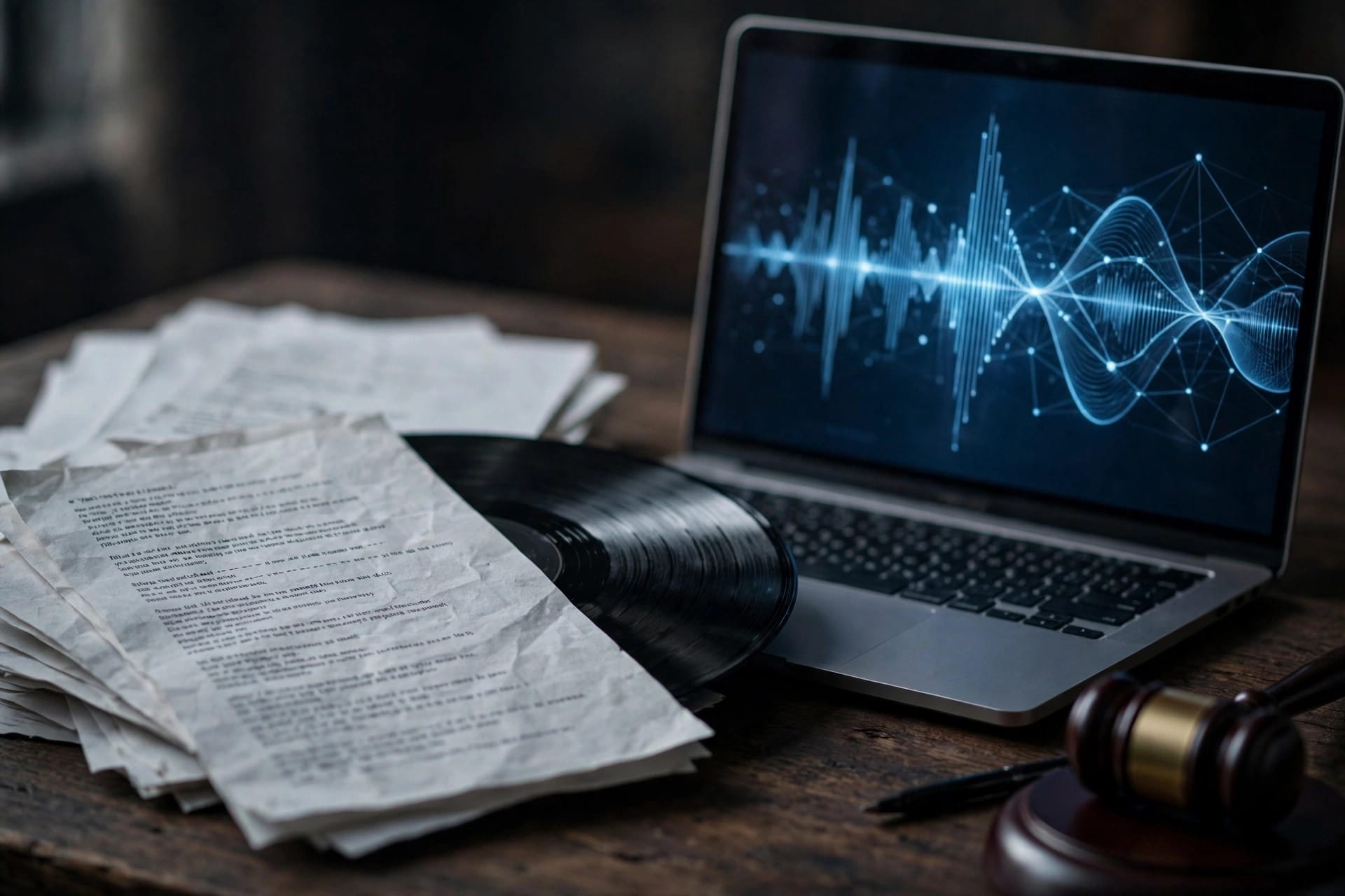 Song lyric sheets and a vinyl record beside a laptop, illustrating the music publishers copyright case against Anthropic over Claude training