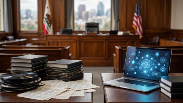 Courtroom bench and legal binders as Anthropic and music publishers argue fair use over song lyrics used to train Claude