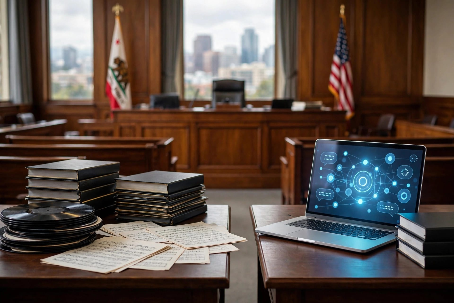 Courtroom bench and legal binders as Anthropic and music publishers argue fair use over song lyrics used to train Claude
