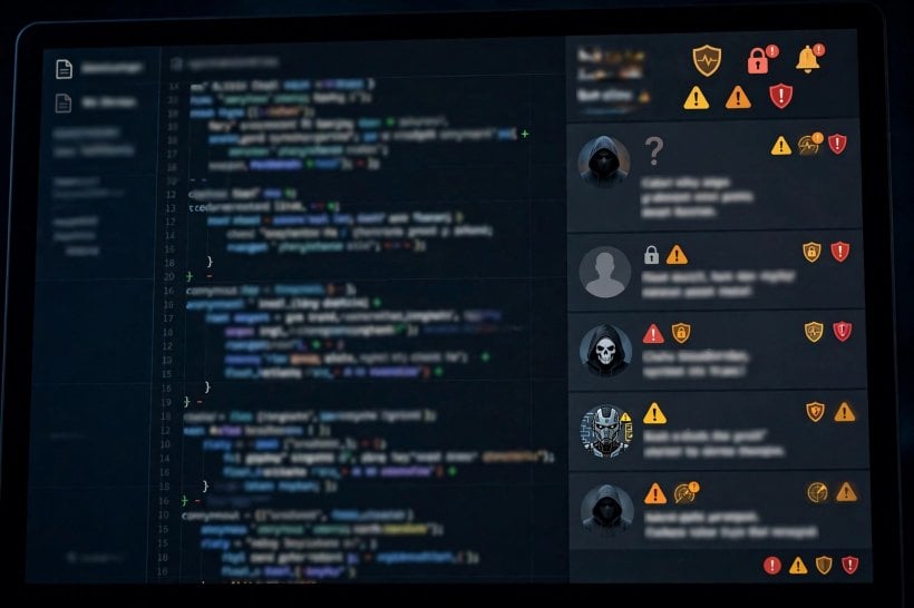 Illustration of a code pull-request review screen with suspicious anonymous user avatars and warning badges