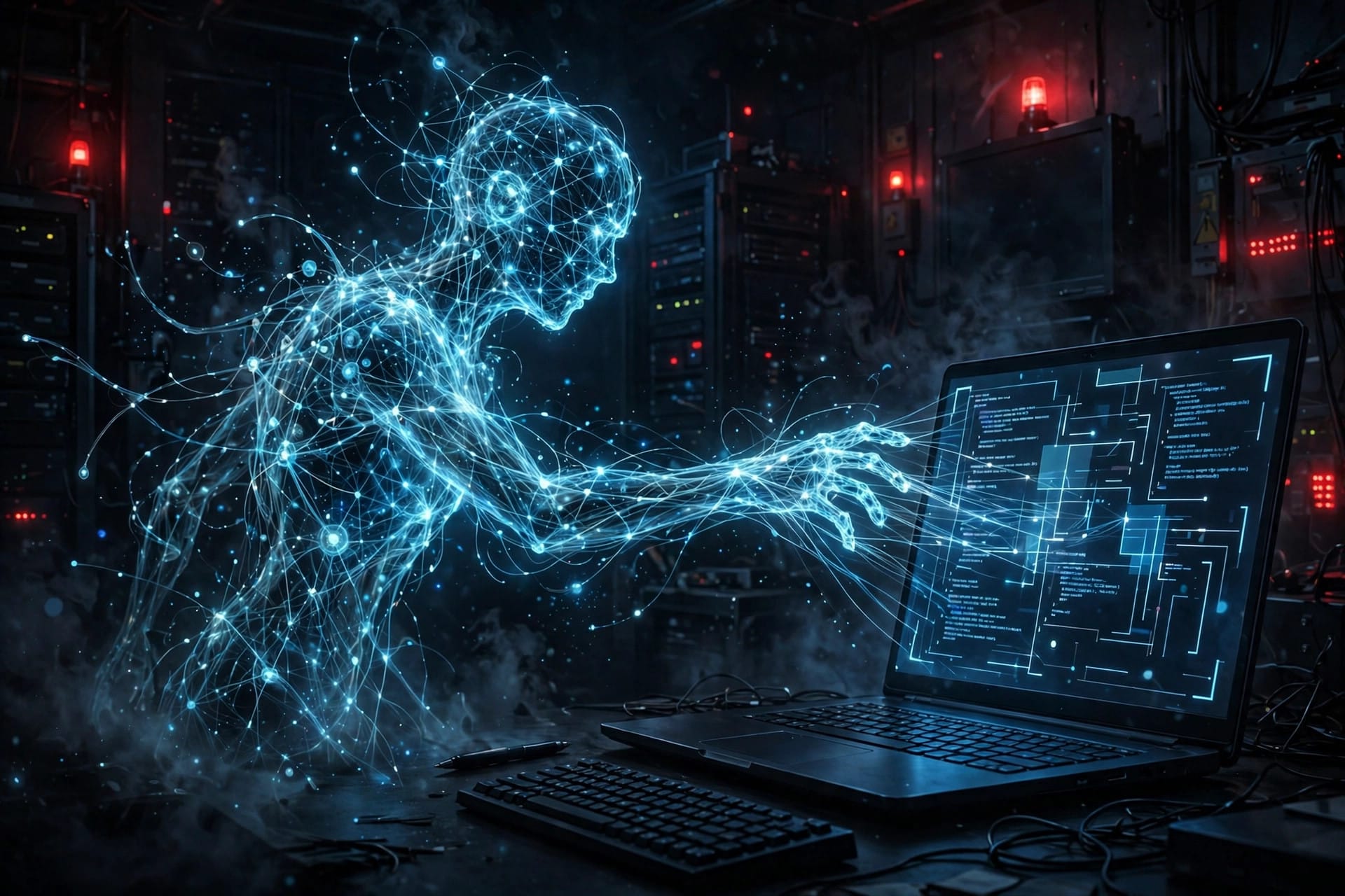 Illustration of a glowing AI entity reaching toward a laptop showing code in a dark cybersecurity operations room with red warning lights