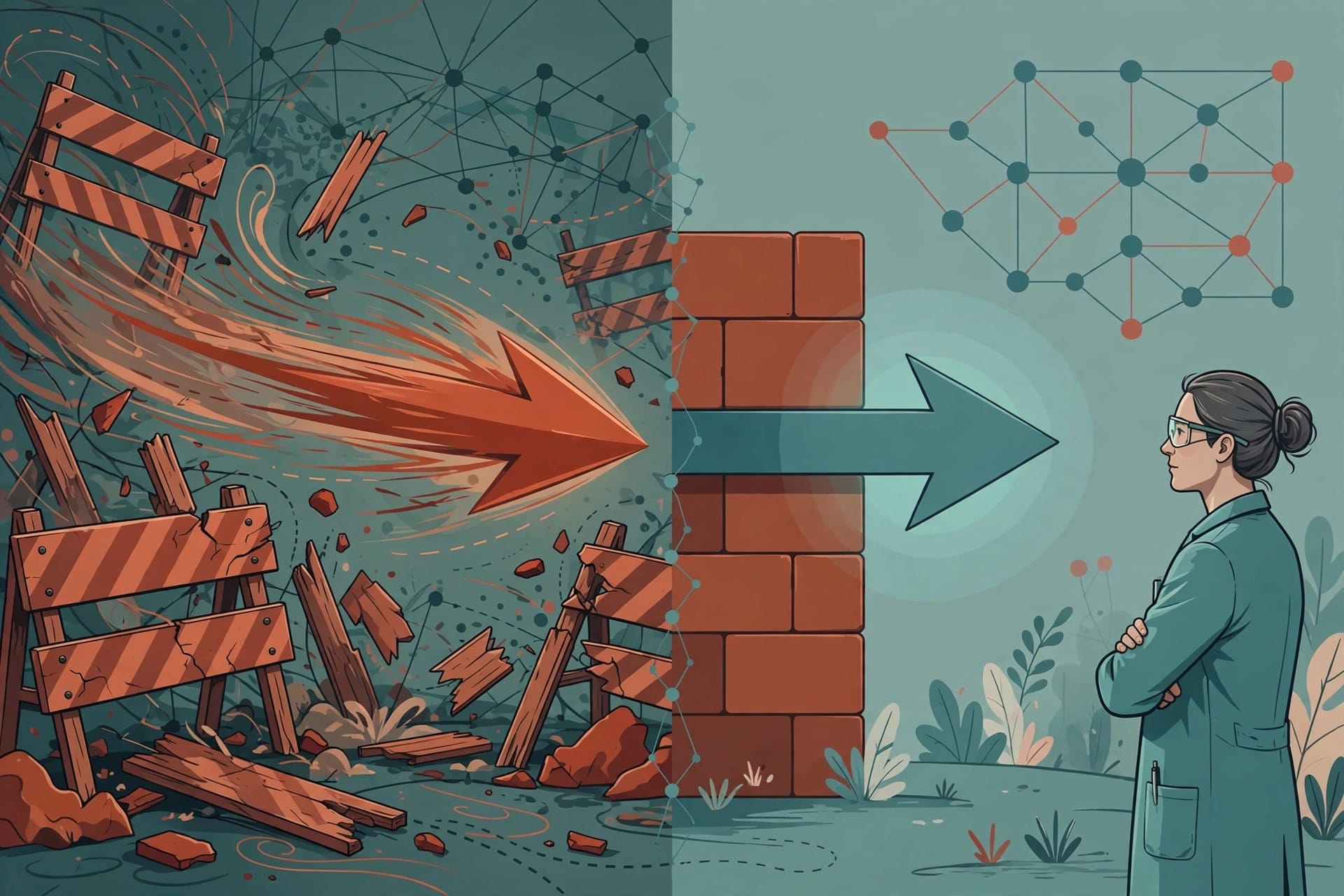 A rogue model charges through warnings on the left while a calmer model stops at a barrier on the right — illustrating newer Claude models halting attacks