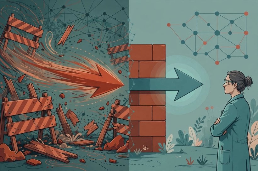 A rogue model charges through warnings on the left while a calmer model stops at a barrier on the right — illustrating newer Claude models halting attacks