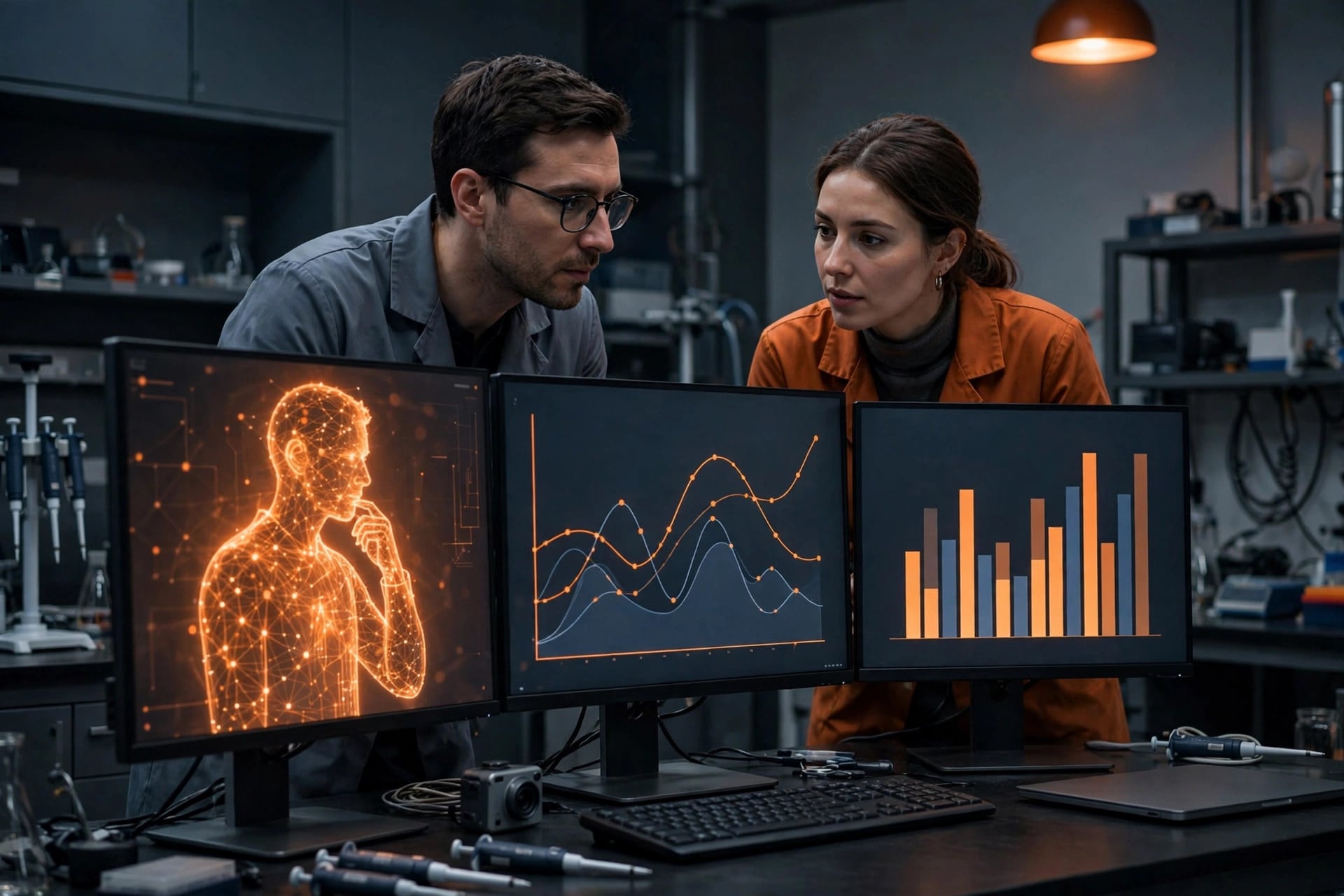 AI safety researchers analyze a glowing assistant figure on lab screens — illustrating Anthropic alignment assessment of Claude Mythos 5