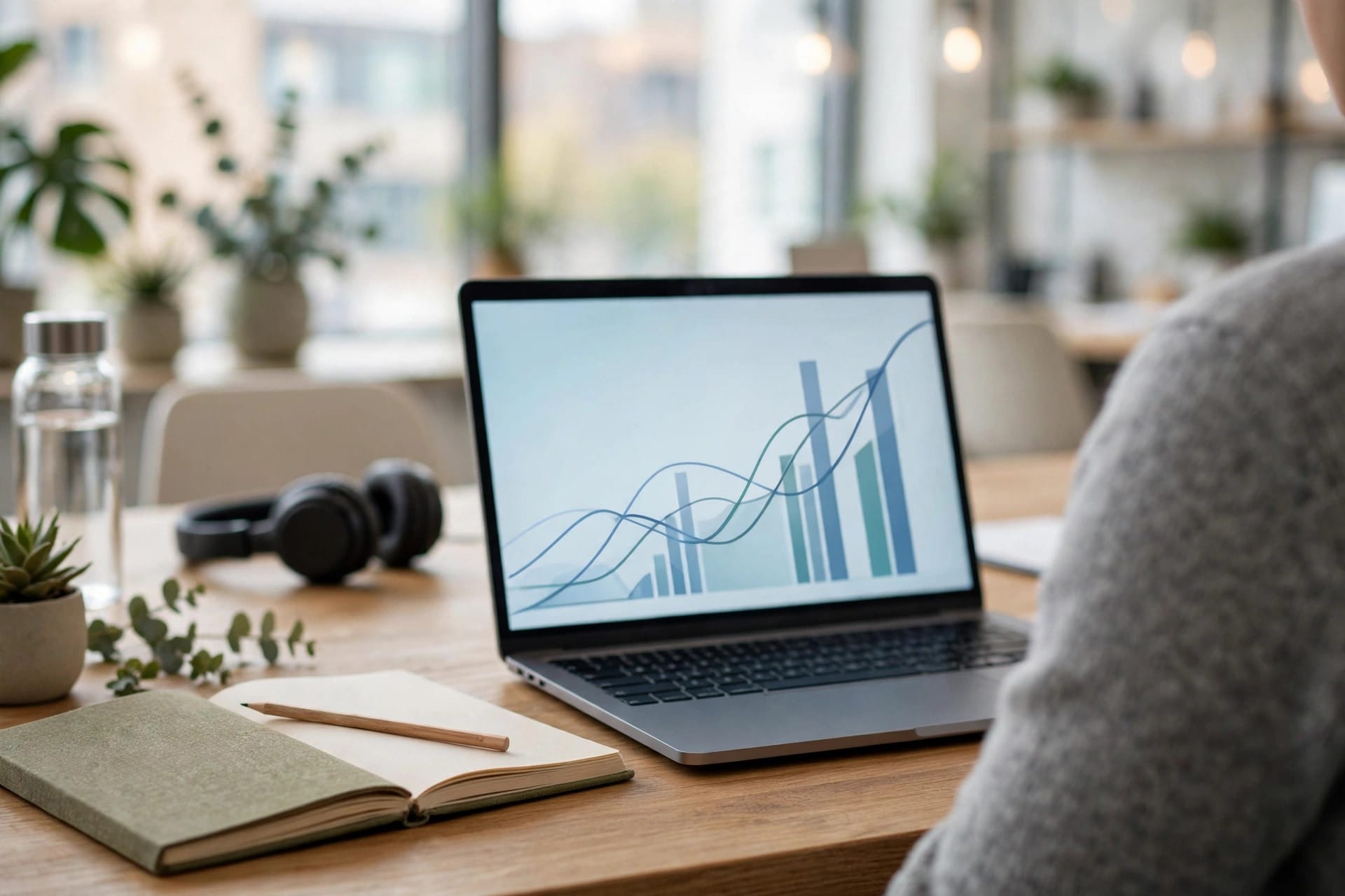 Financial analyst reviewing rising charts on a laptop, representing investor scrutiny of Anthropic's IPO prospectus figures