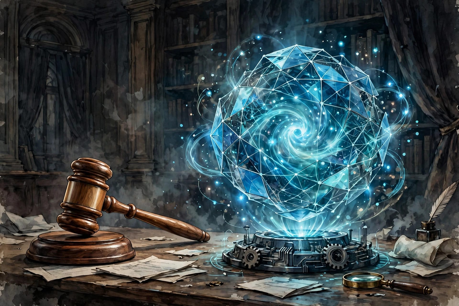 A judge's gavel beside a glowing abstract artificial intelligence core on a desk