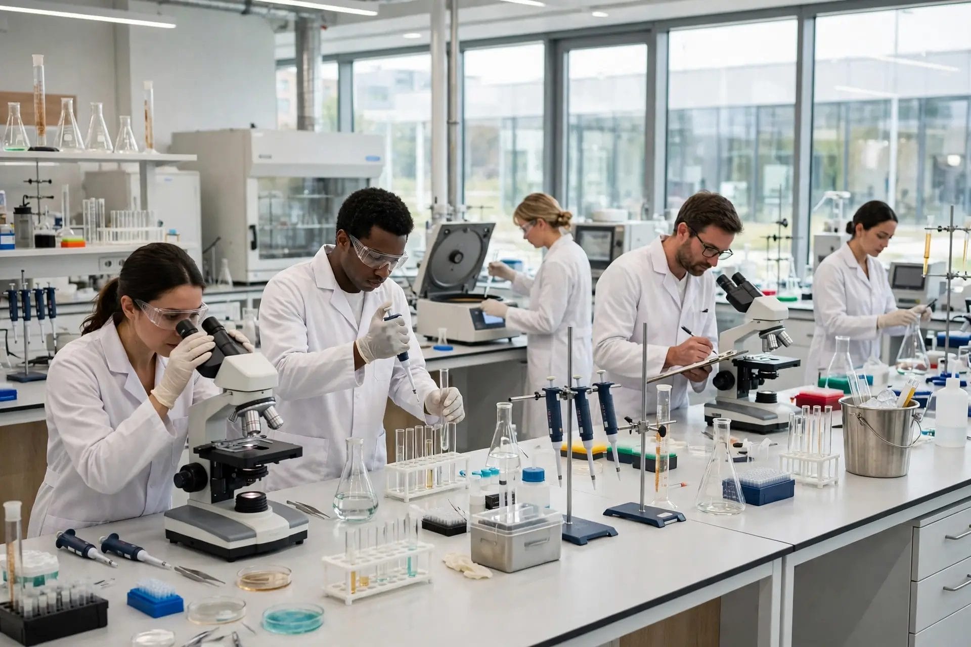 Researchers working with microscopes and lab instruments in a bright laboratory