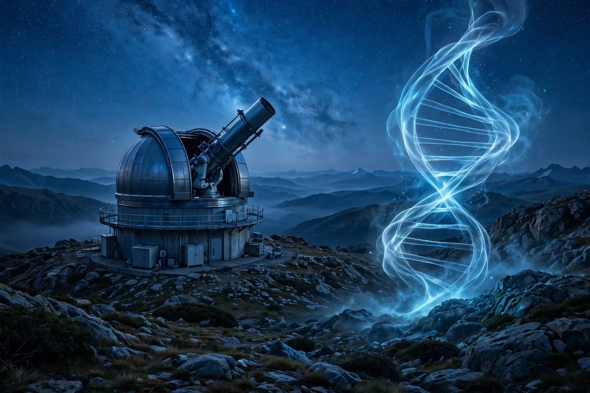 An observatory telescope under a night sky beside a glowing double-helix shape