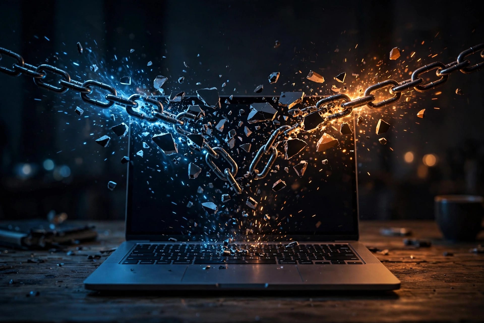 A laptop in a dark room with abstract glowing chain links breaking above it