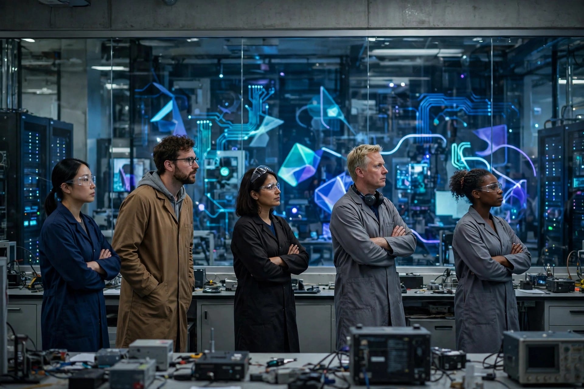 Engineers in a testing laboratory monitoring computer systems behind glass