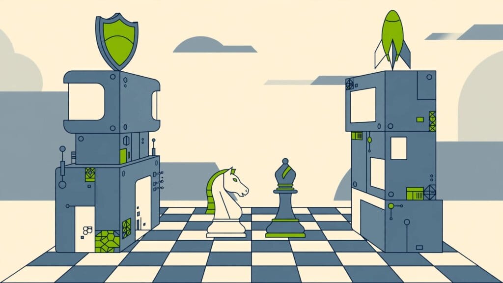 Illustration of two AI labs facing off across a chessboard, Anthropic's cautious shield against OpenAI's rocket