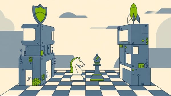 Illustration of two AI labs facing off across a chessboard, Anthropic's cautious shield against OpenAI's rocket