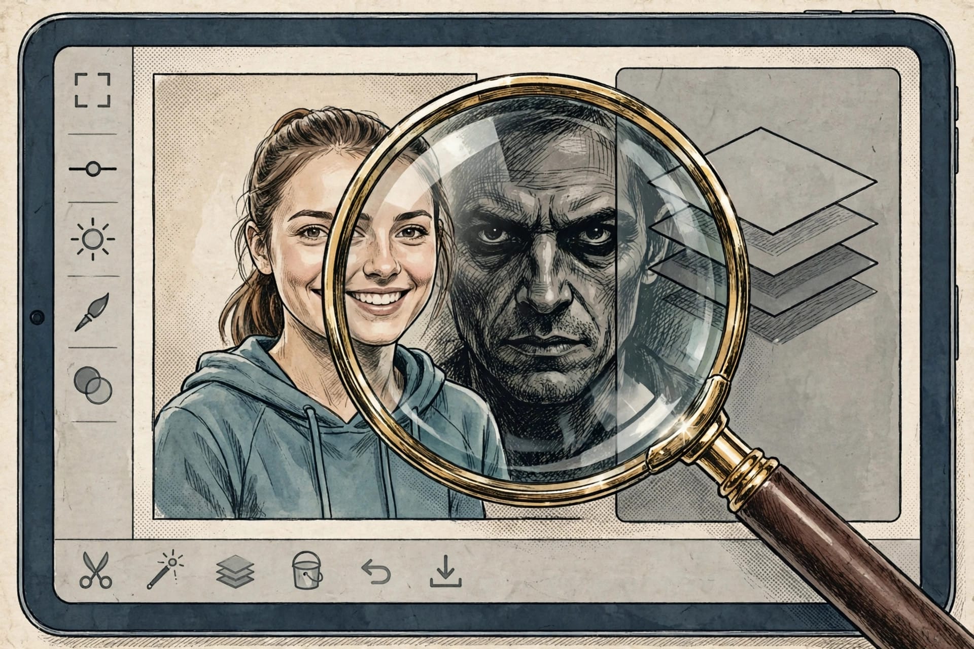 Magnifying glass revealing a hidden feature behind a photo editing app in App Store review