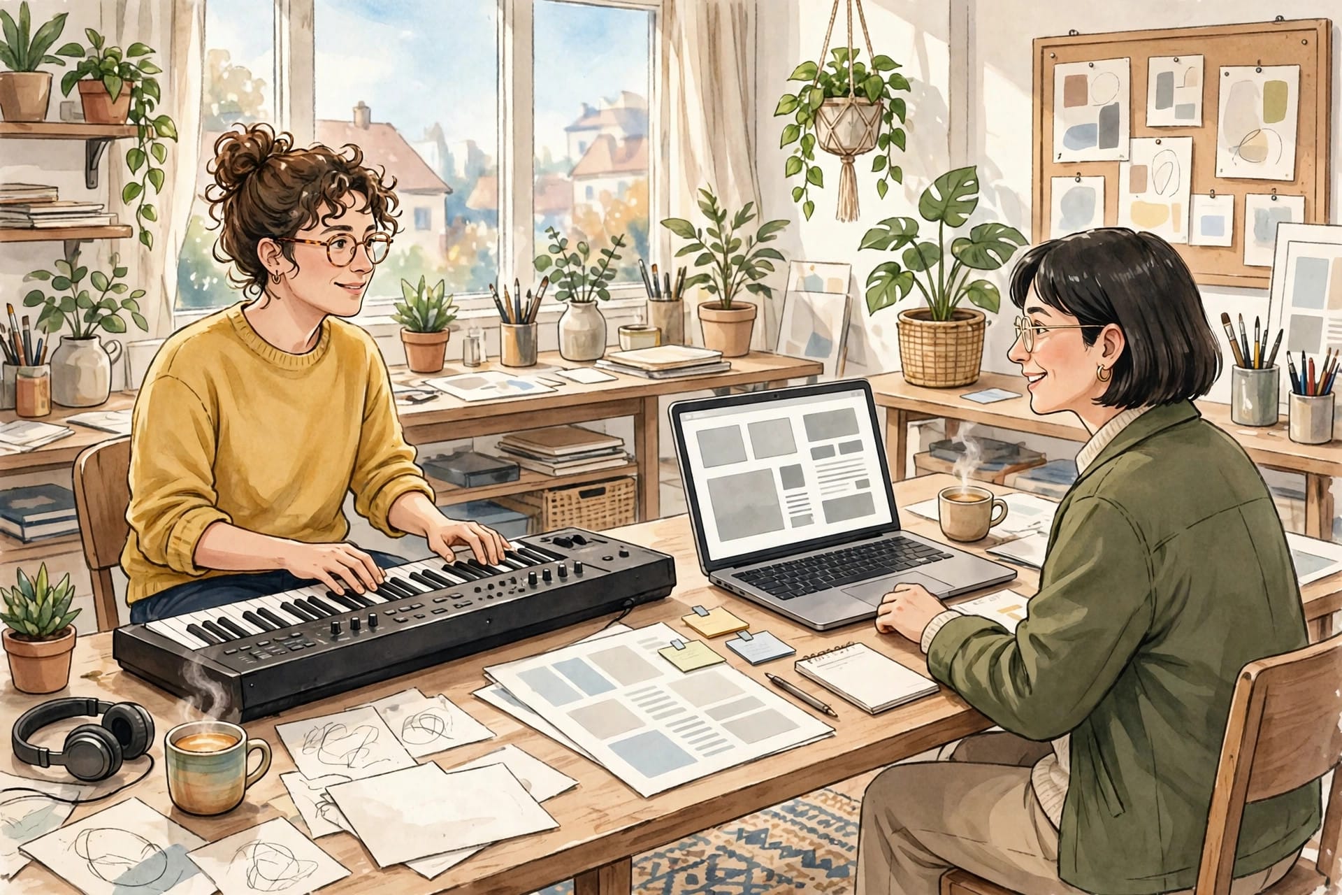 Musician and writer collaborating in a bright studio