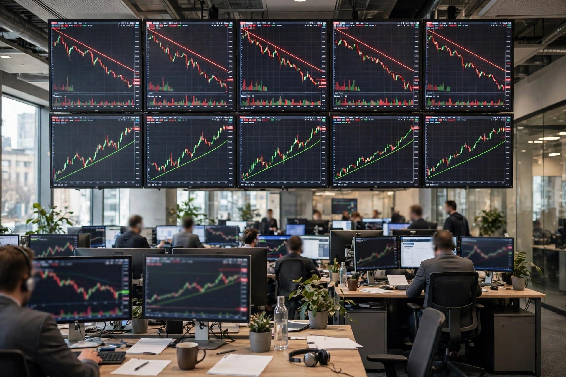 Traders at desks beneath large screens showing market charts