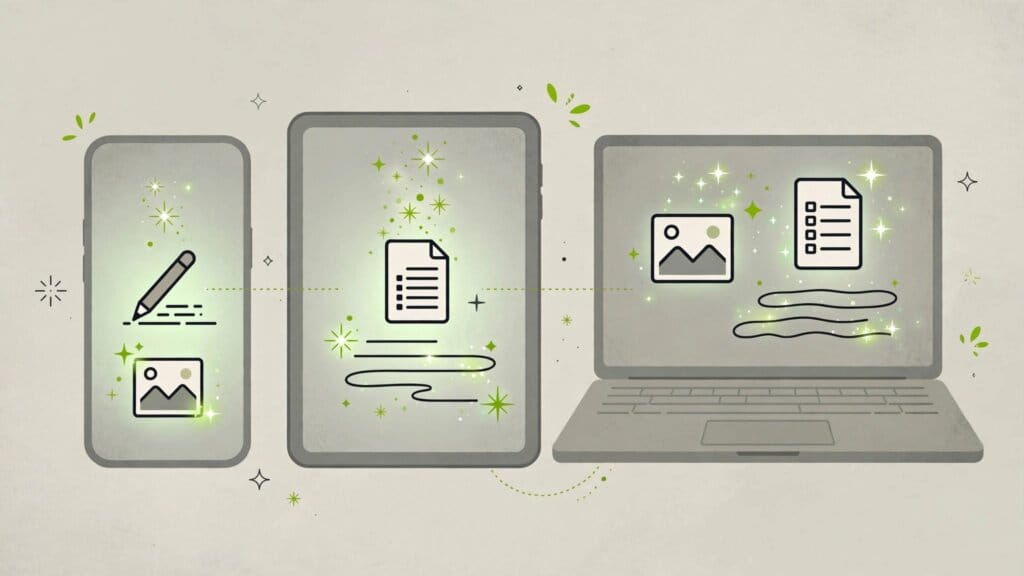 Illustration of Apple Intelligence features on iPhone, iPad and Mac