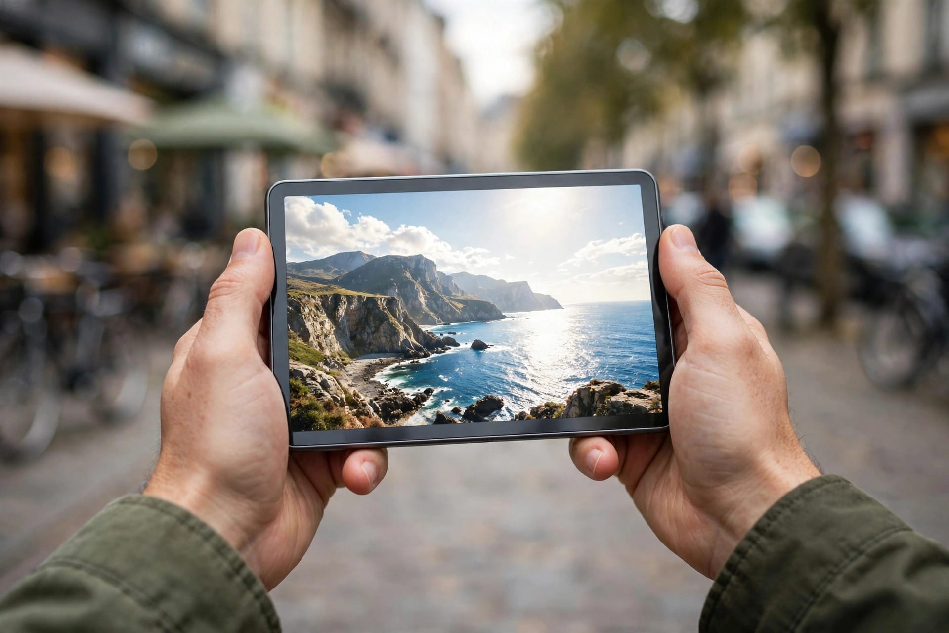 Hands holding the new iPad mini outdoors showing a bright coastal photo on its OLED display