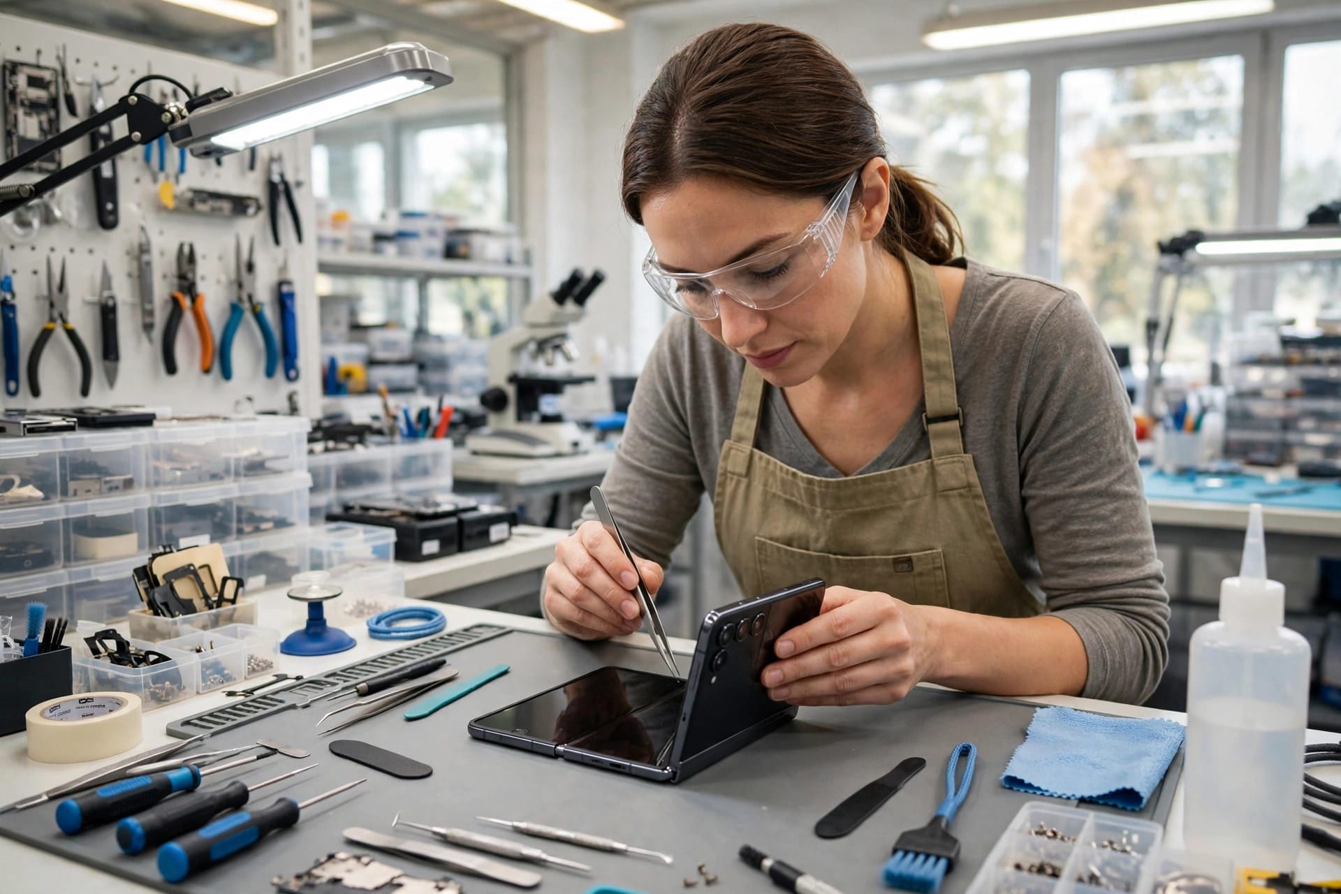 A technician examines a foldable phone on a workbench in a bright repair workshop