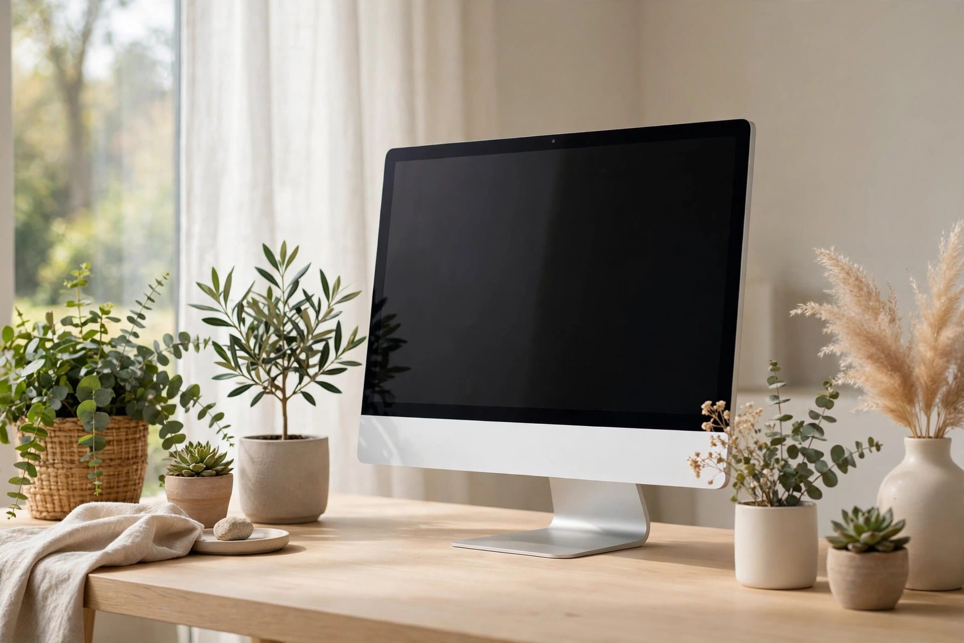 A slim all-in-one desktop computer on a bright workspace