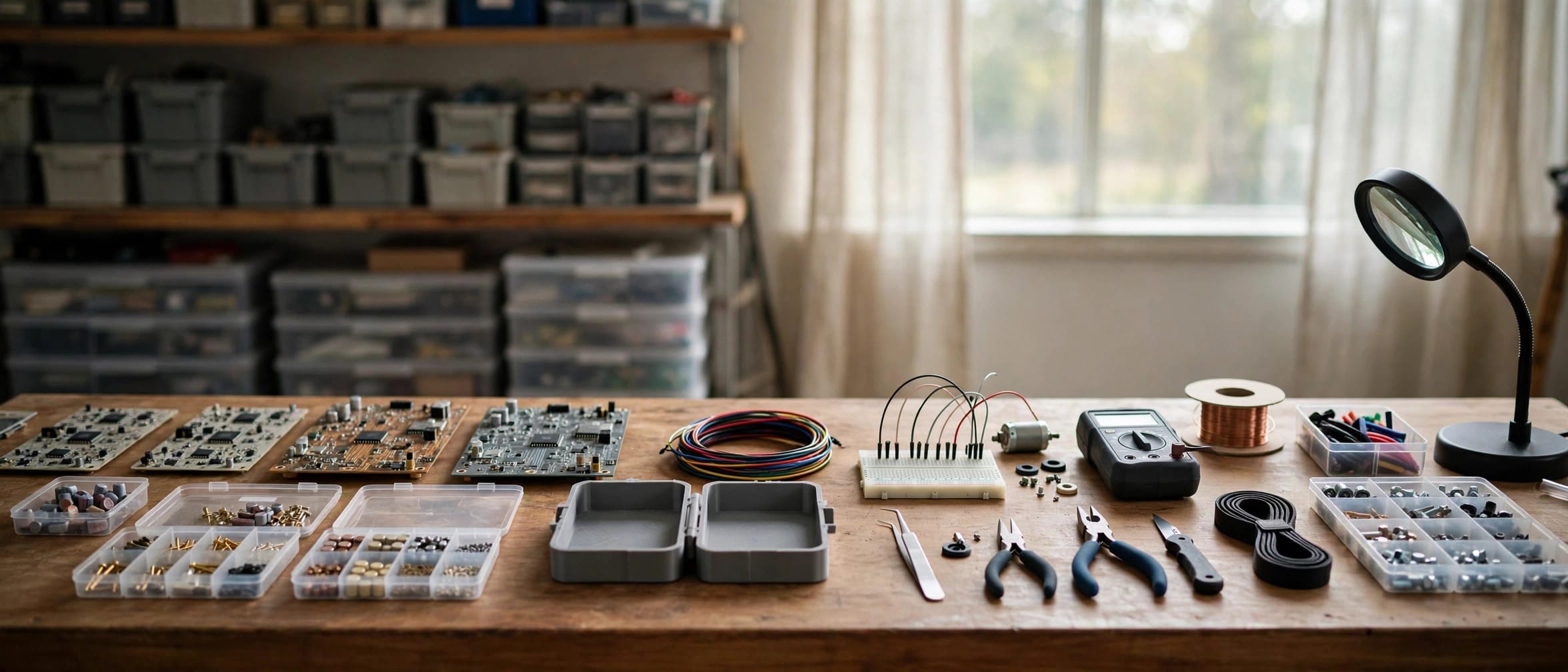 A hardware design workshop bench with prototype parts and circuit boards, illustrating the consumer hardware at the centre of the Apple and OpenAI case
