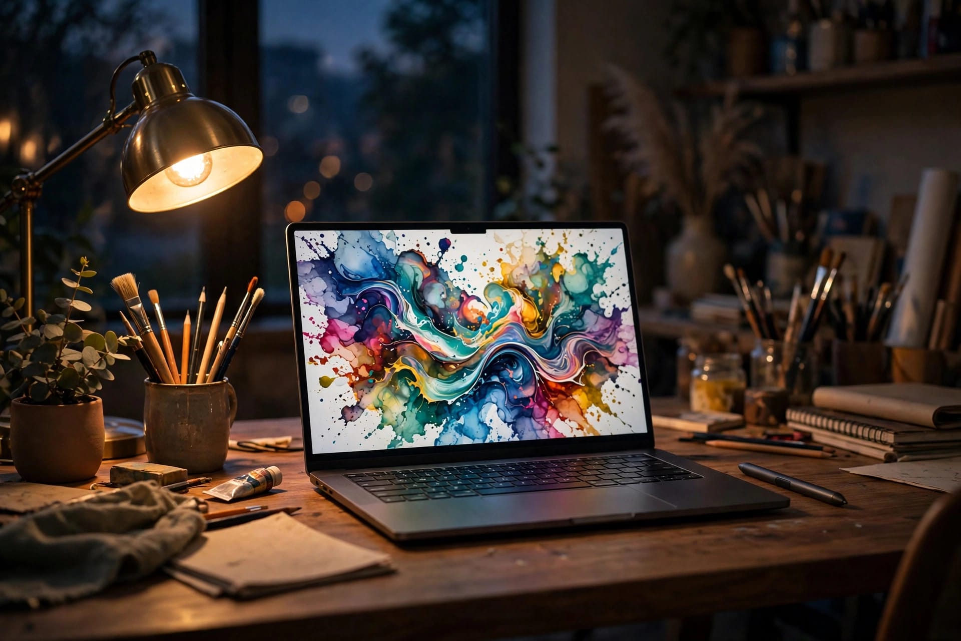 A laptop showing colourful abstract artwork on a desk in a creative studio at evening