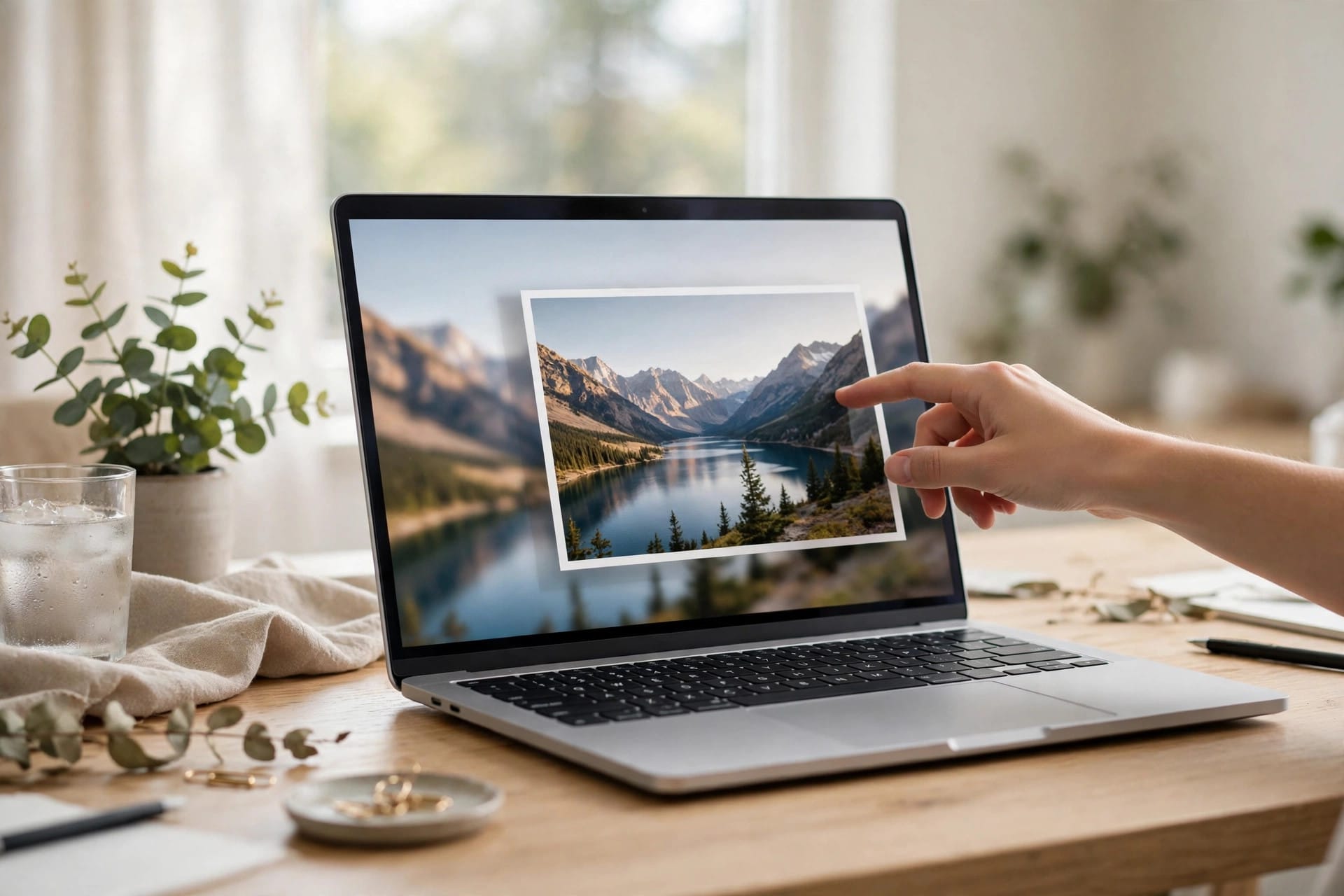 A hand touching a laptop screen showing a photo on a bright desk