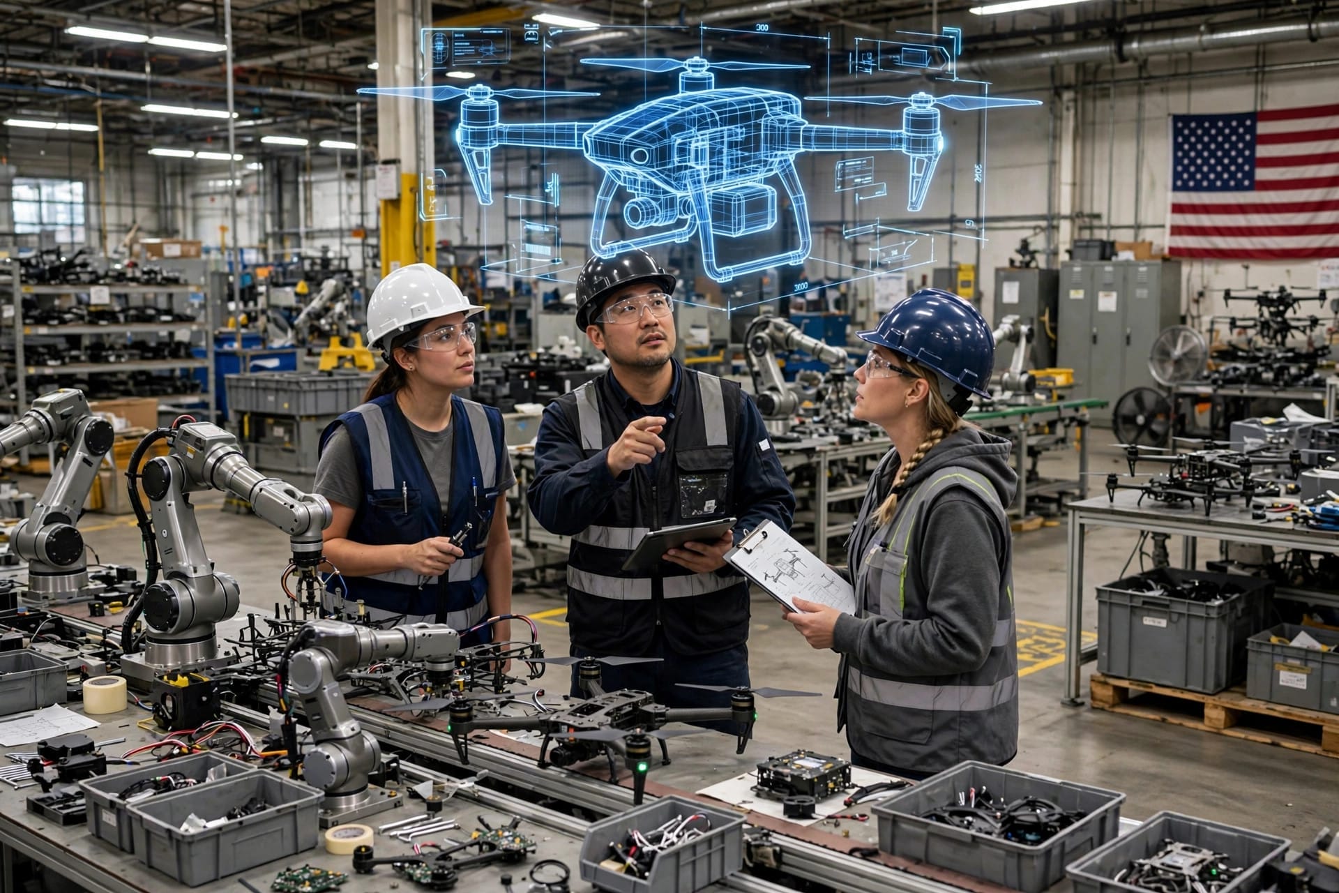 Engineers and robot arms adapting an assembly line to a changed drone design with Arda manufacturing AI at Anduril