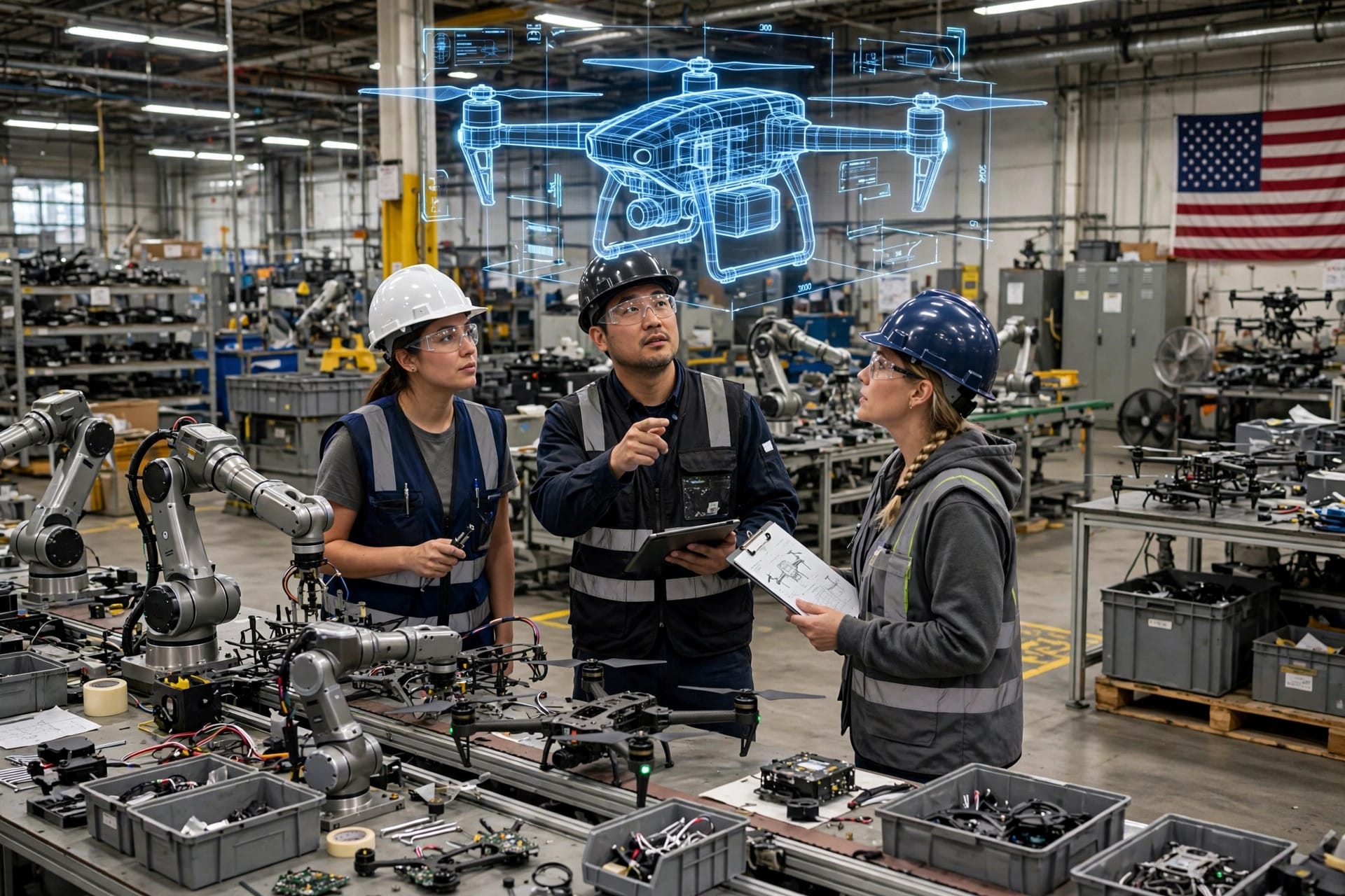 Engineers and robot arms adapting an assembly line to a changed drone design with Arda manufacturing AI at Anduril
