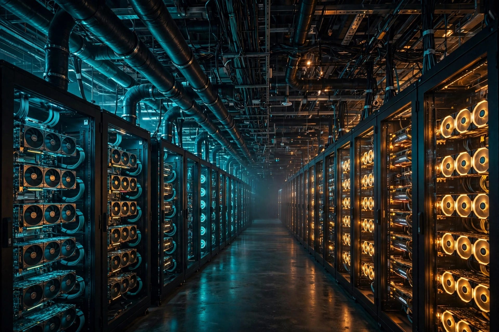 Rows of AI server racks inside a dark data center hall