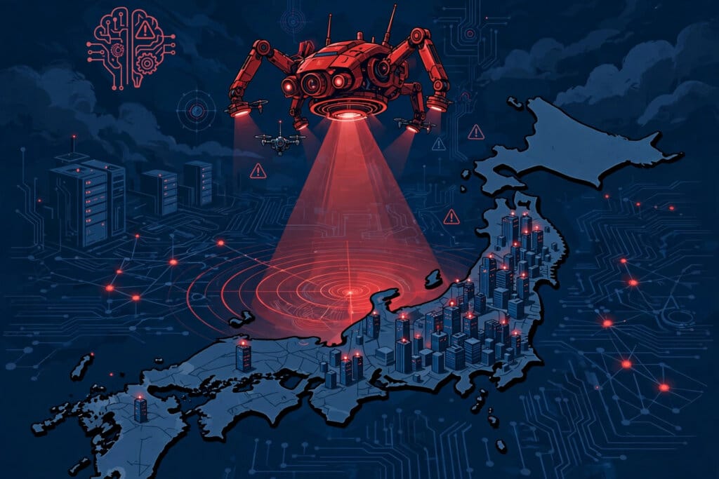 Artex AI security tool turned against Japanese companies, a red probe scanning a map of Japan