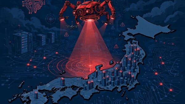 Artex AI security tool turned against Japanese companies, a red probe scanning a map of Japan