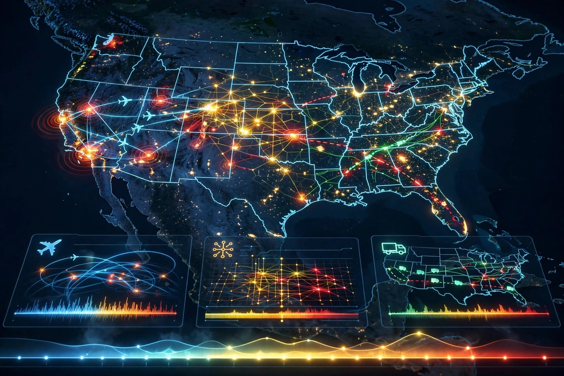 ASI simulation screen forecasting air traffic, energy grid and military logistics disruptions hours ahead