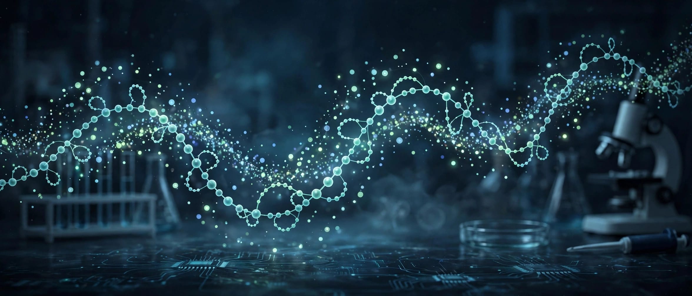 Abstract RNA strands and virtual patient data flowing as glowing particles