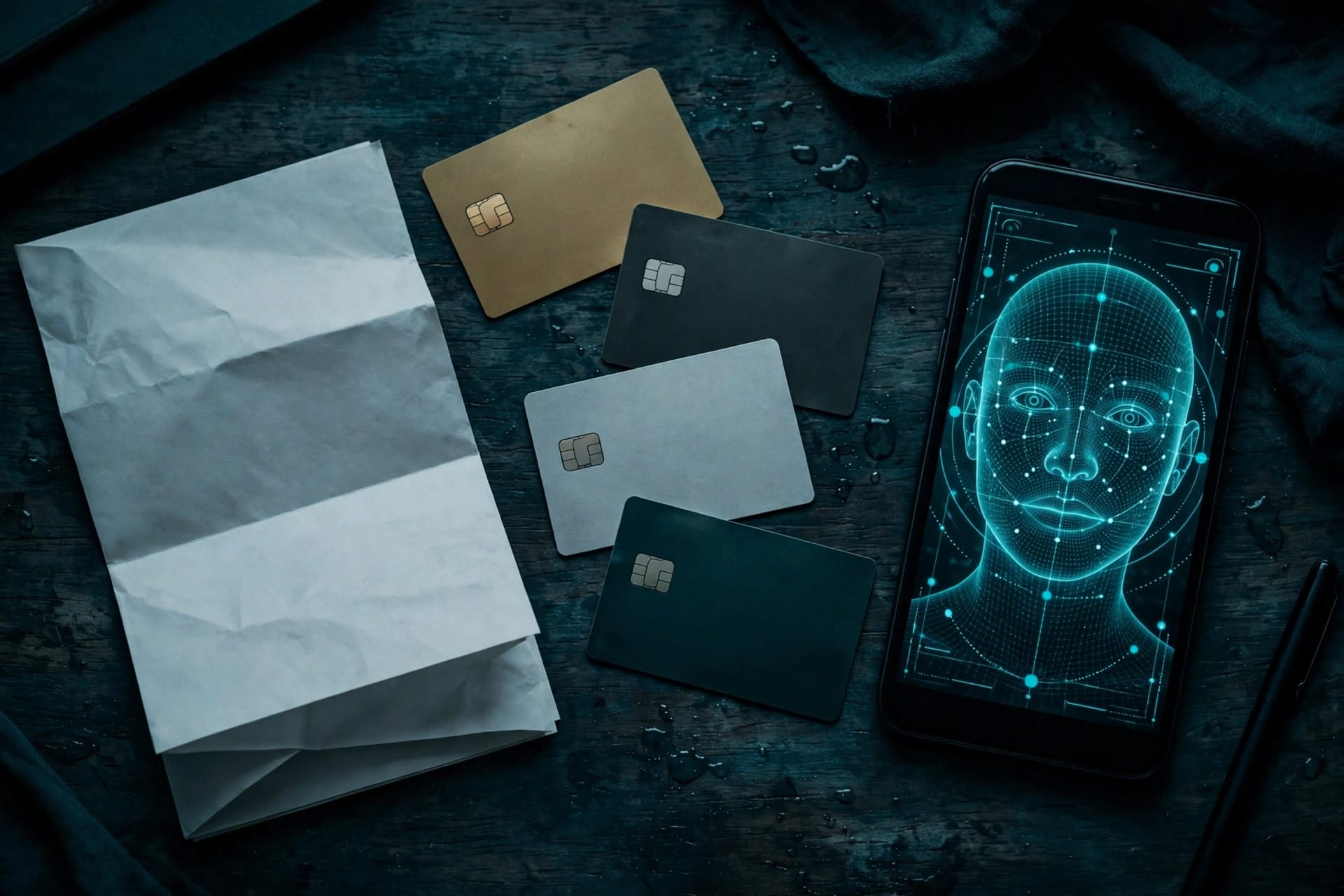 Debt notice letter beside a phone showing a digital face scan, illustrating AI identity fraud