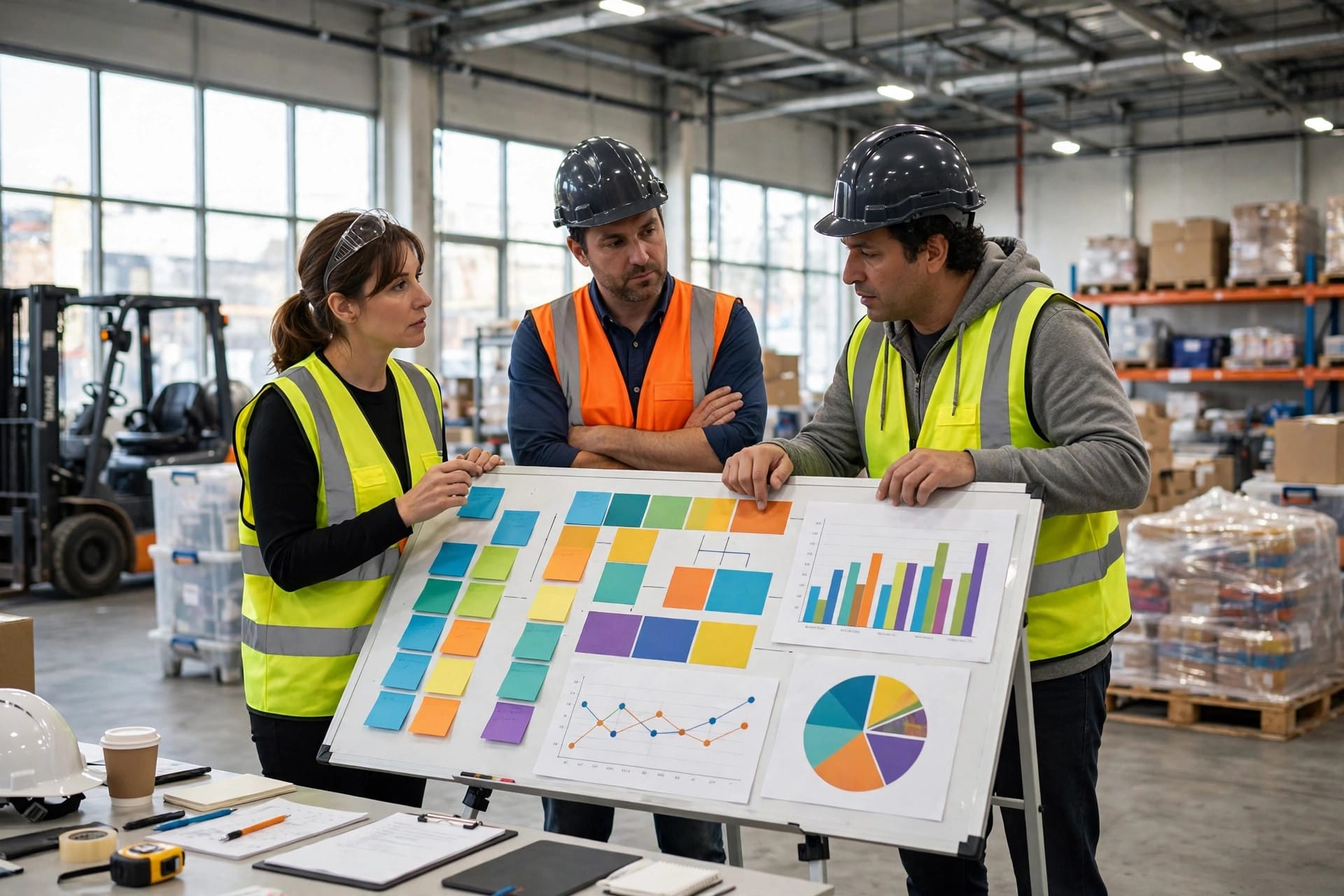 Warehouse supervisors reviewing an abstract planning board