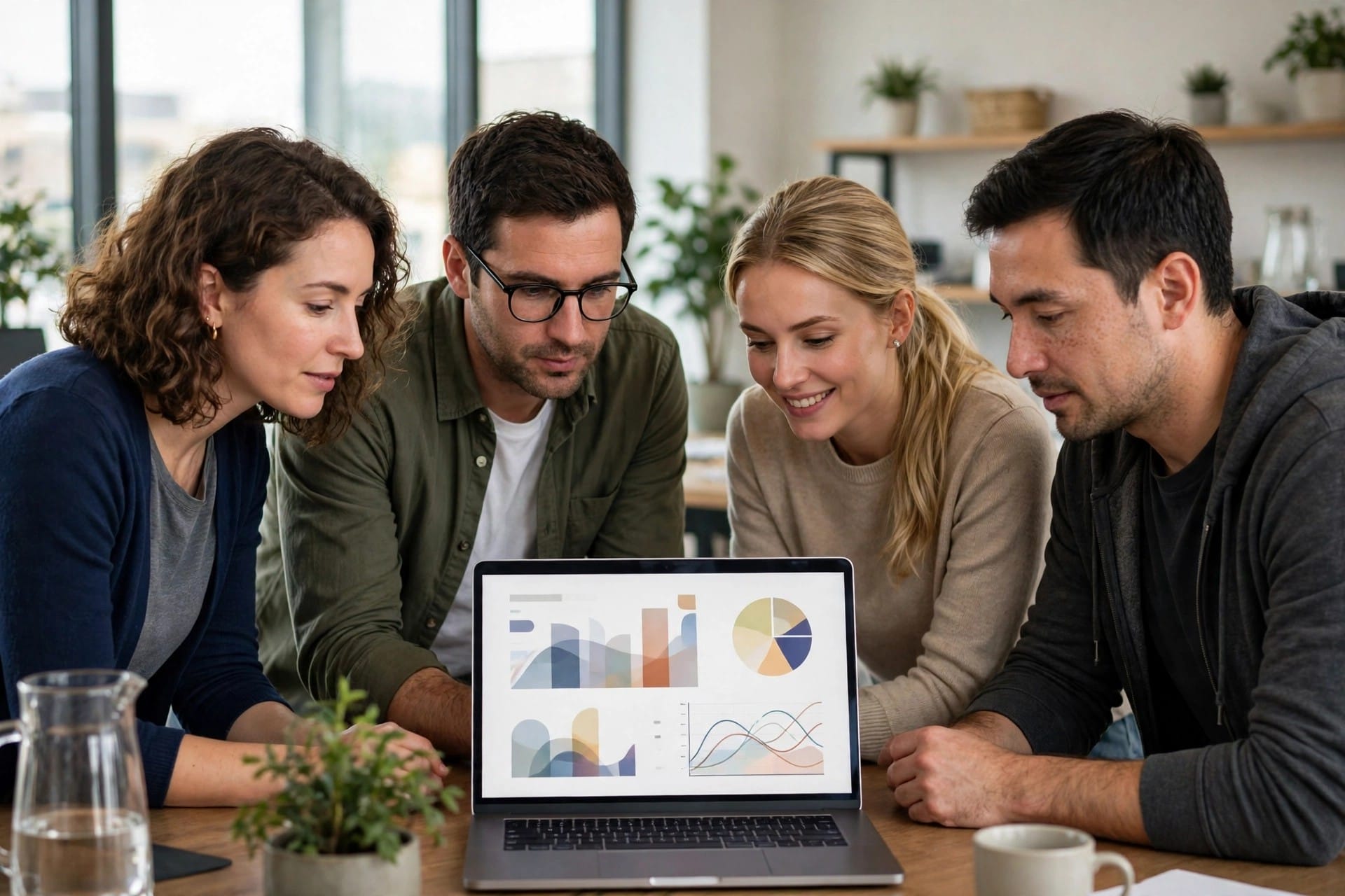 Small business team in a bright office looking at a laptop with abstract charts