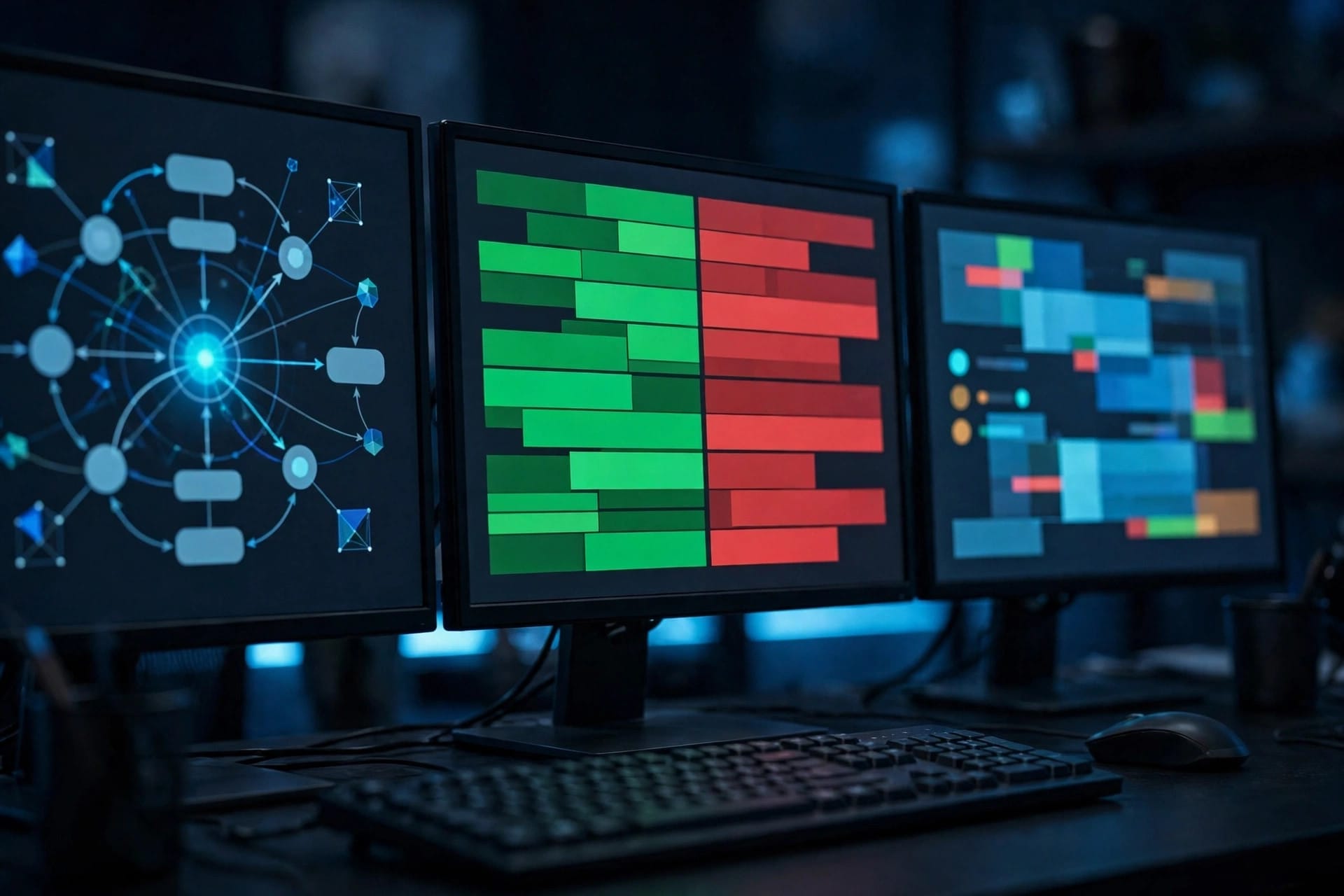 A security analyst workstation with monitors showing AWS Continuum vulnerability analysis, exploitability evidence and pull-request style code changes