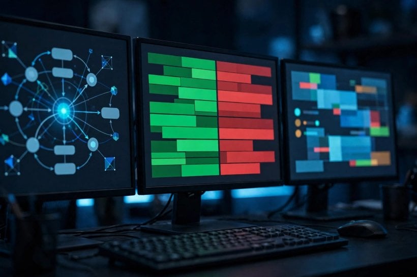 A security analyst workstation with monitors showing AWS Continuum vulnerability analysis, exploitability evidence and pull-request style code changes