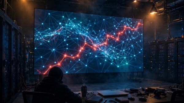 AWS Continuum scanning application code in a dark data-center operations room, a wall monitor showing a vulnerability graph with a highlighted exploit path