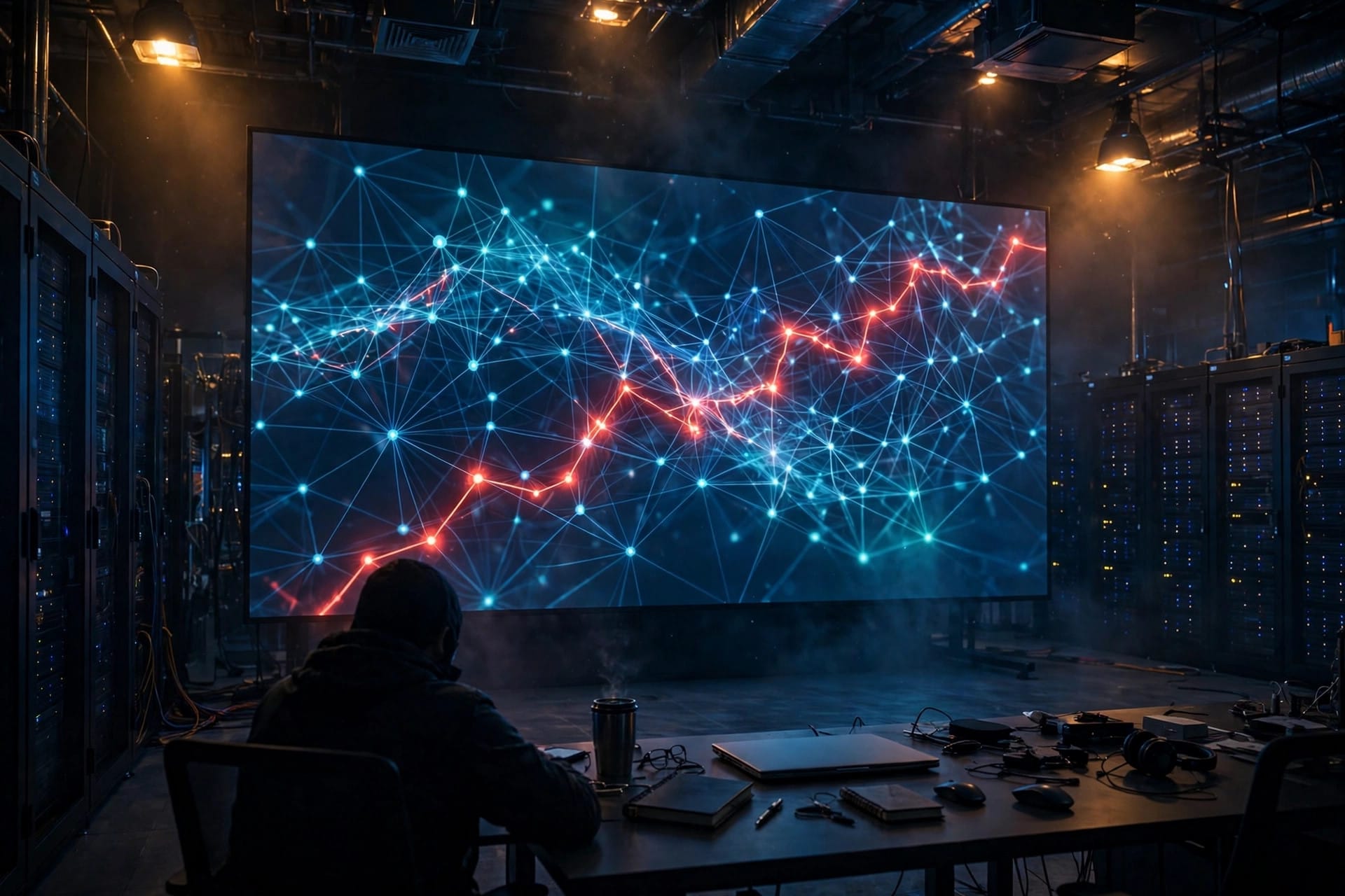 AWS Continuum scanning application code in a dark data-center operations room, a wall monitor showing a vulnerability graph with a highlighted exploit path