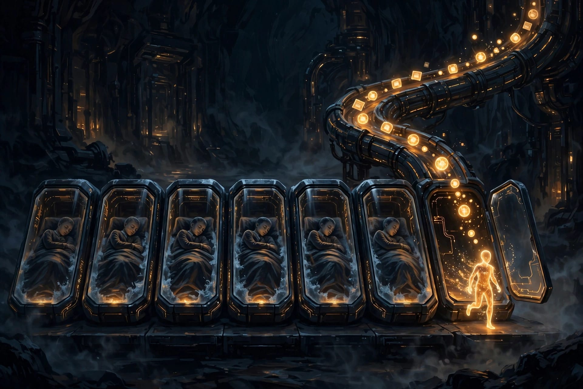 A glowing AI agent stepping forward from a row of sleeping agents as a message arrives in the Infinity runtime