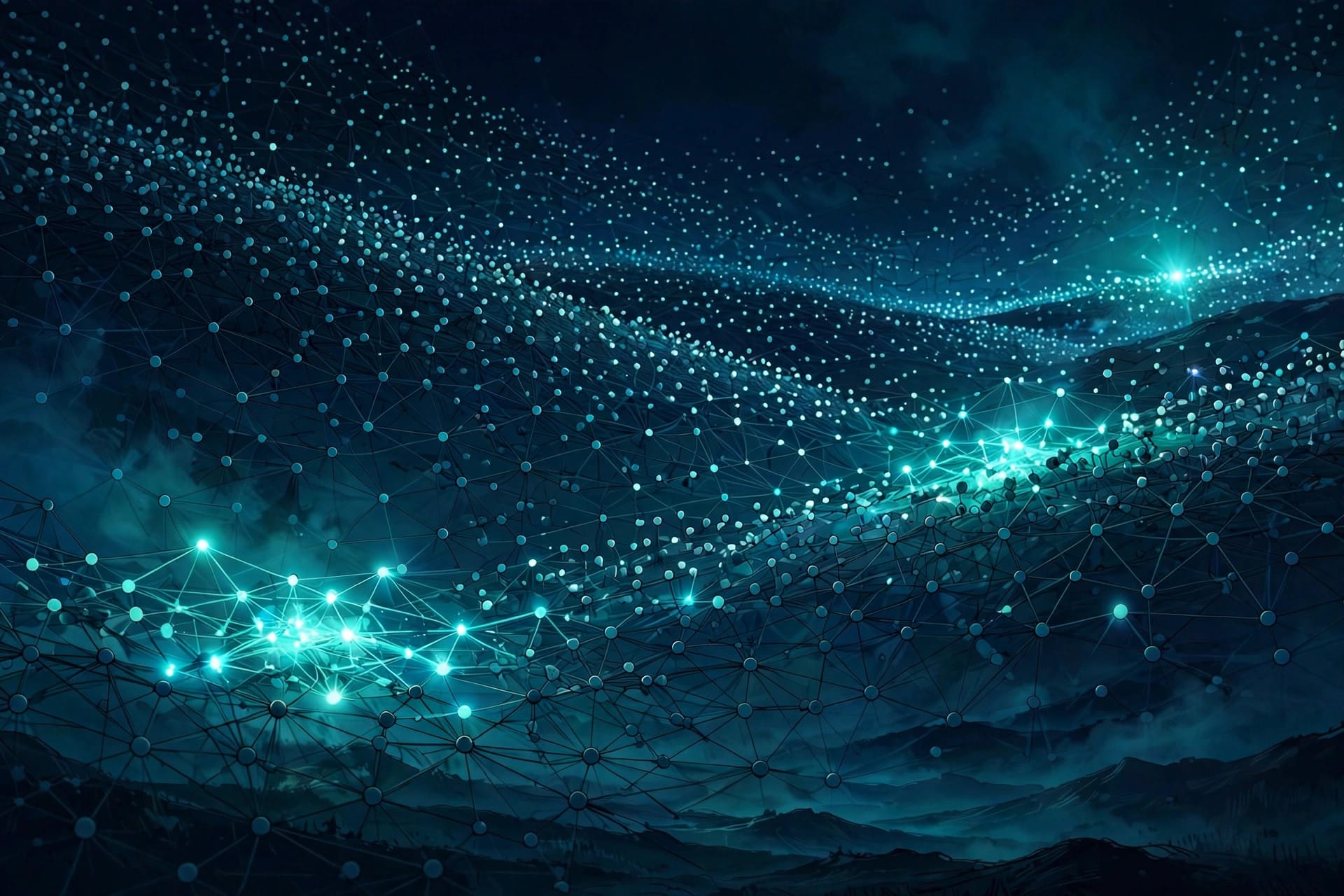 Thousands of small glowing AI agent nodes suspended in a dark network, most dimmed and parked while a few glow brightly active