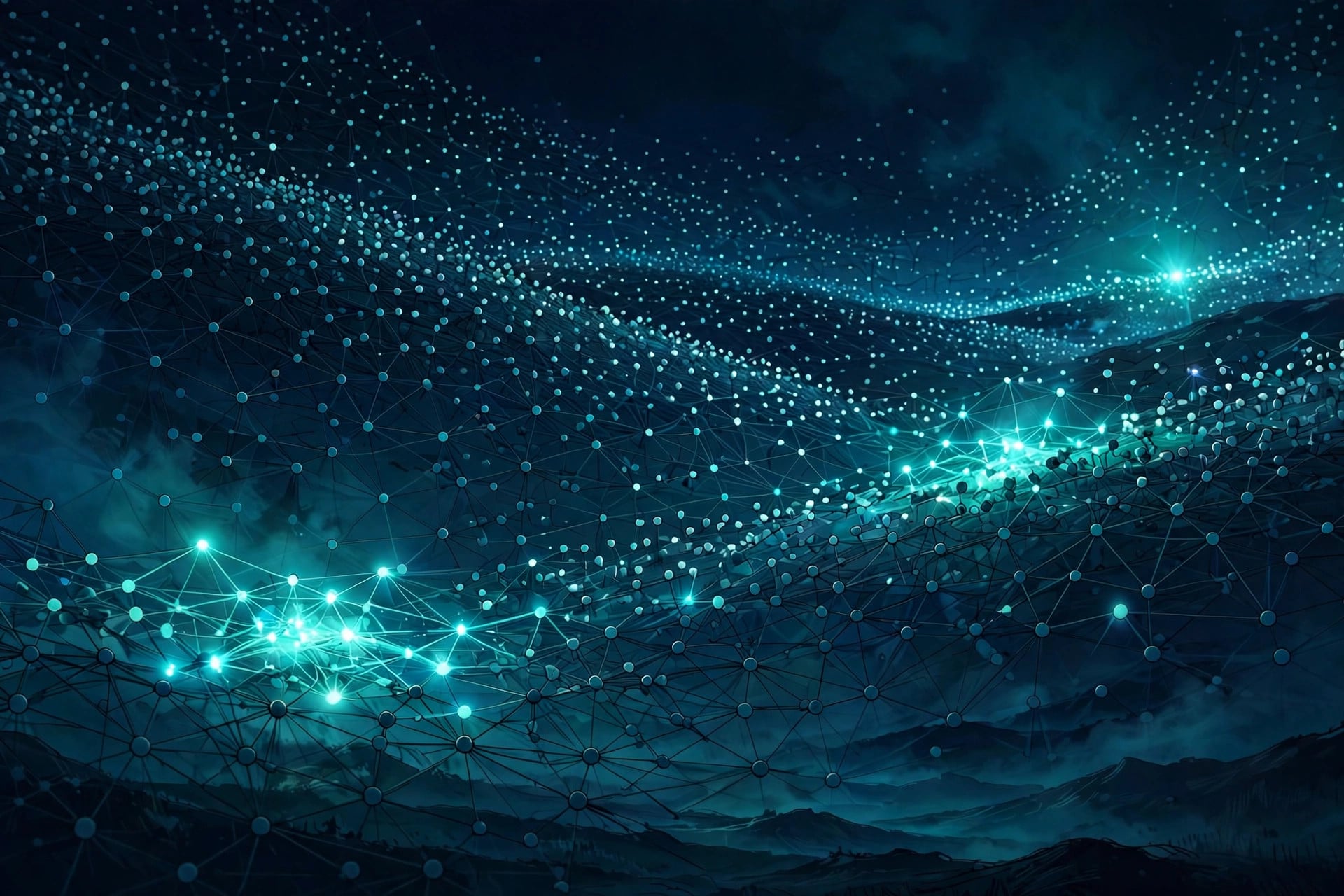 Thousands of small glowing AI agent nodes suspended in a dark network, most dimmed and parked while a few glow brightly active
