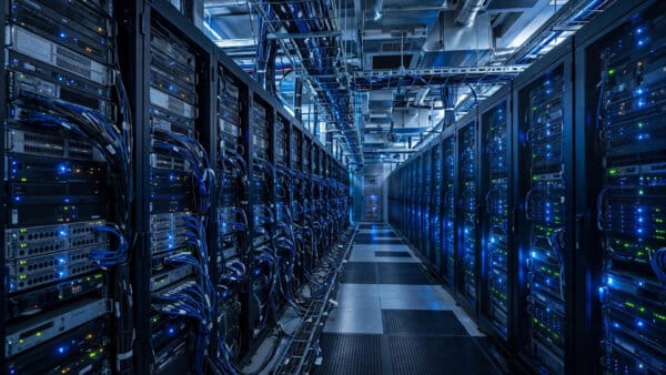 Glowing server racks in a data center, representing AWS SageMaker new serverless training sessions
