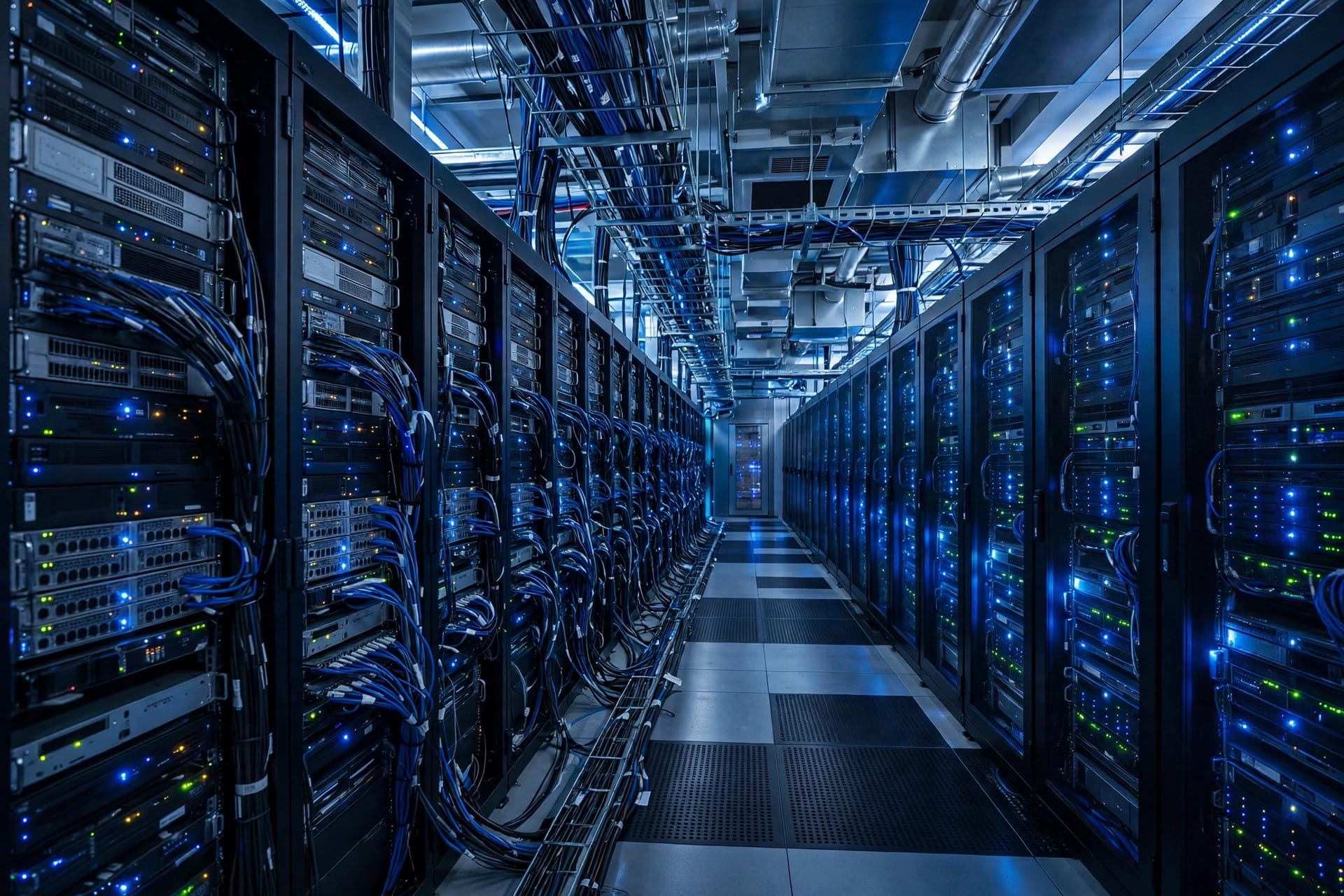 Glowing server racks in a data center, representing AWS SageMaker new serverless training sessions
