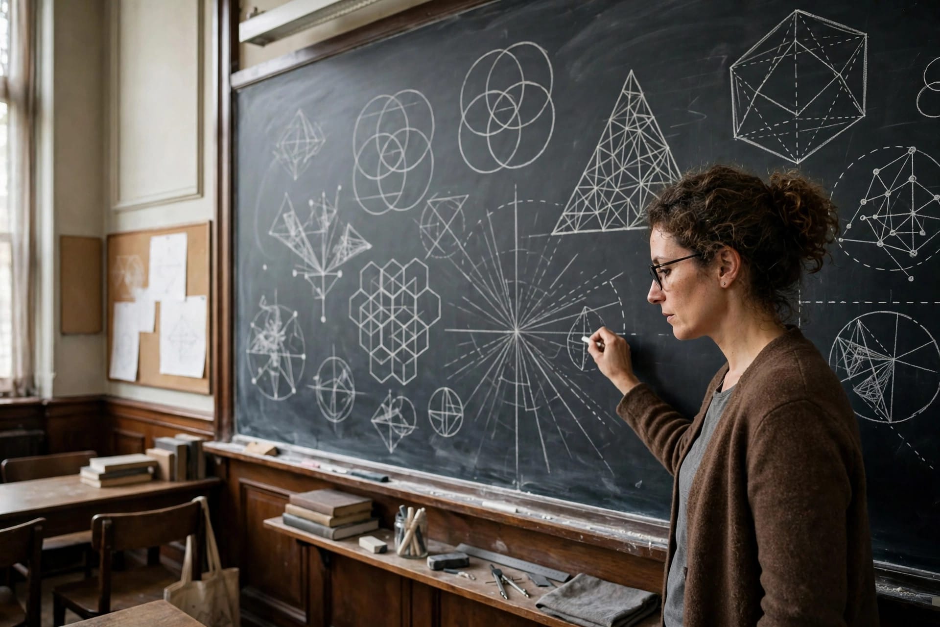 A mathematician writing abstract geometric diagrams on a large chalkboard in a university room