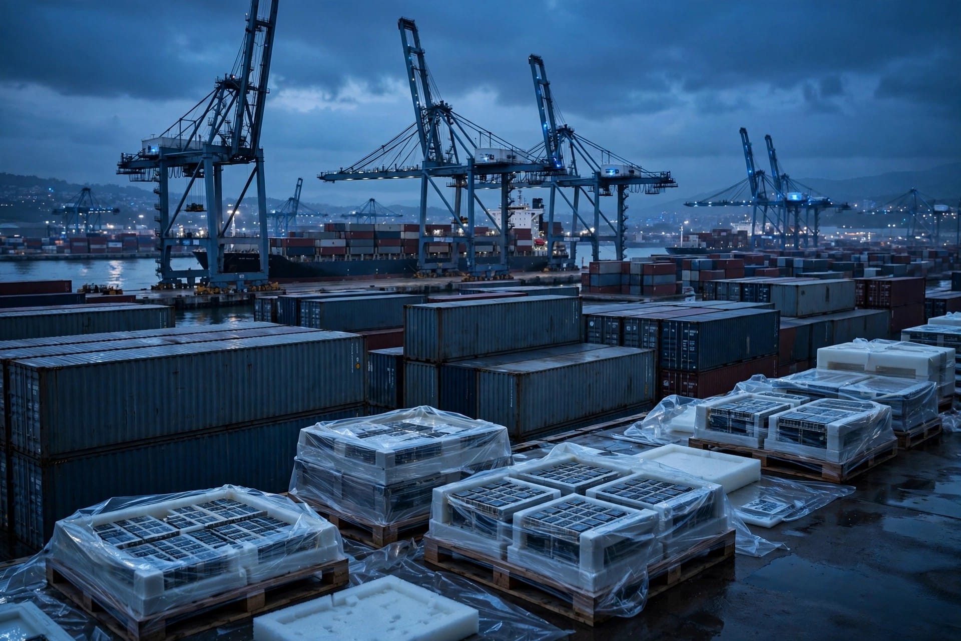 Container port at dusk with cranes and stacked cargo containers awaiting chip exports