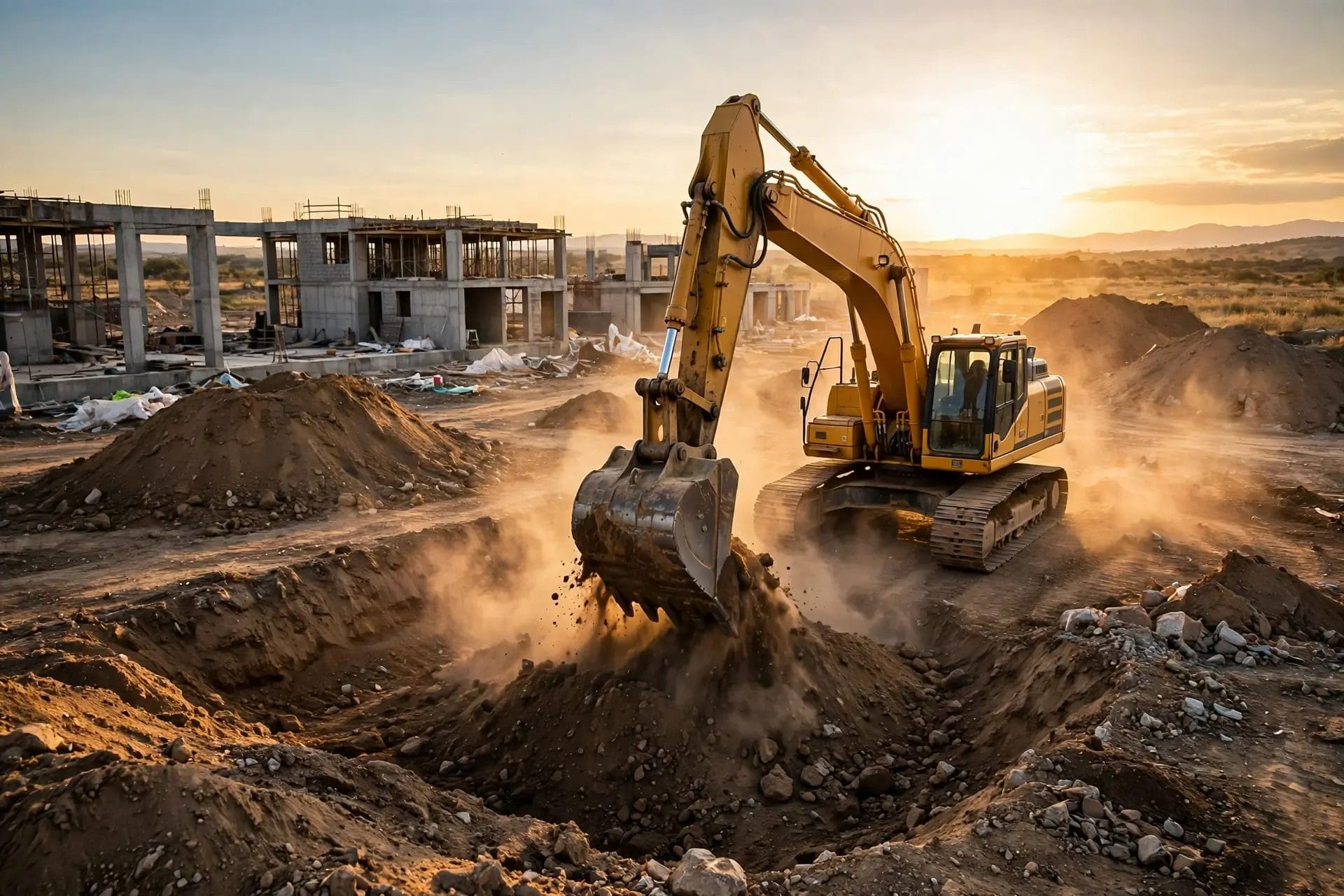 An excavator digging earth on a construction site in warm sunset light